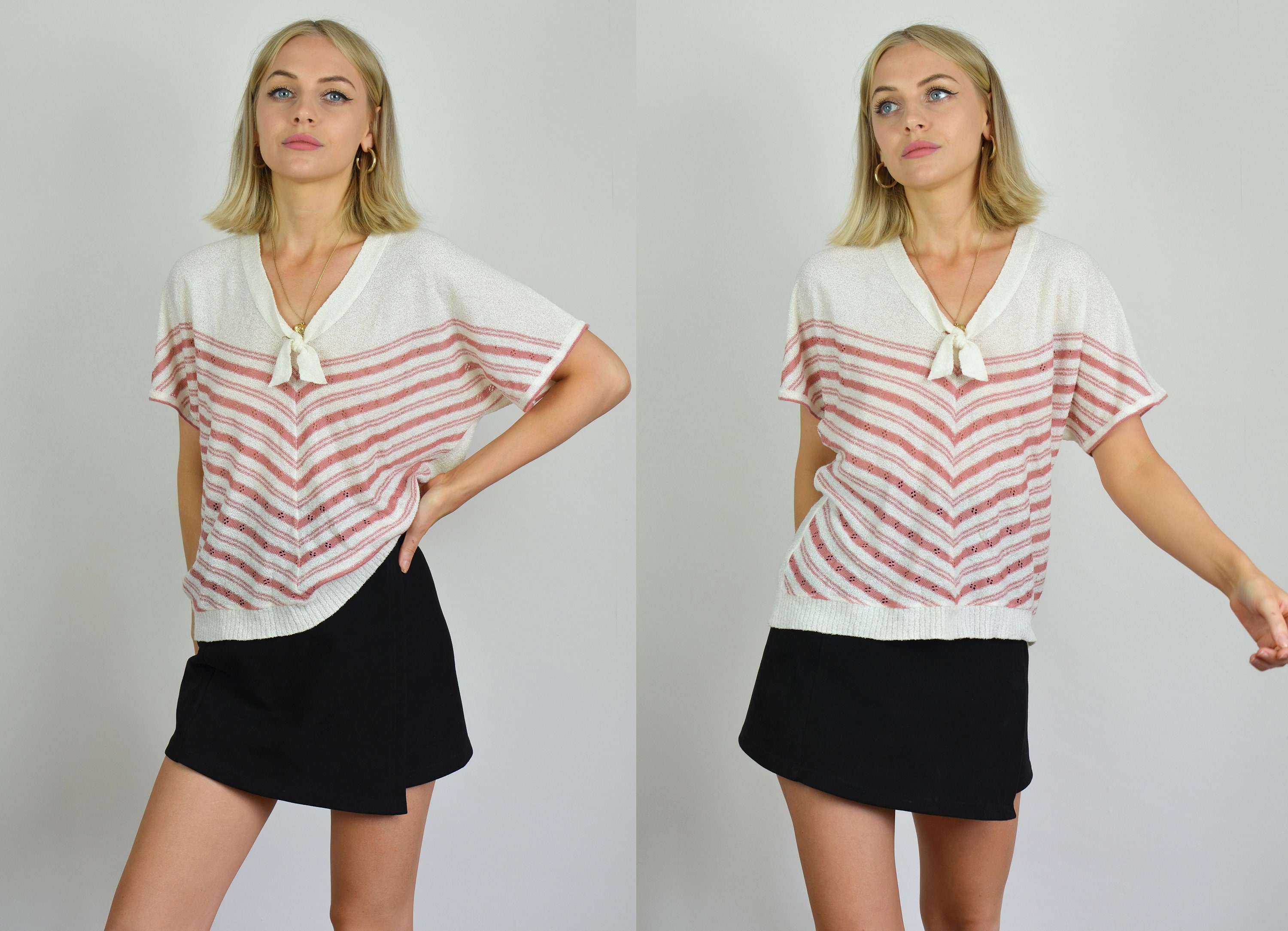 Image of Vintage S White & Pink Stripe Knitted Short Sleeve Top