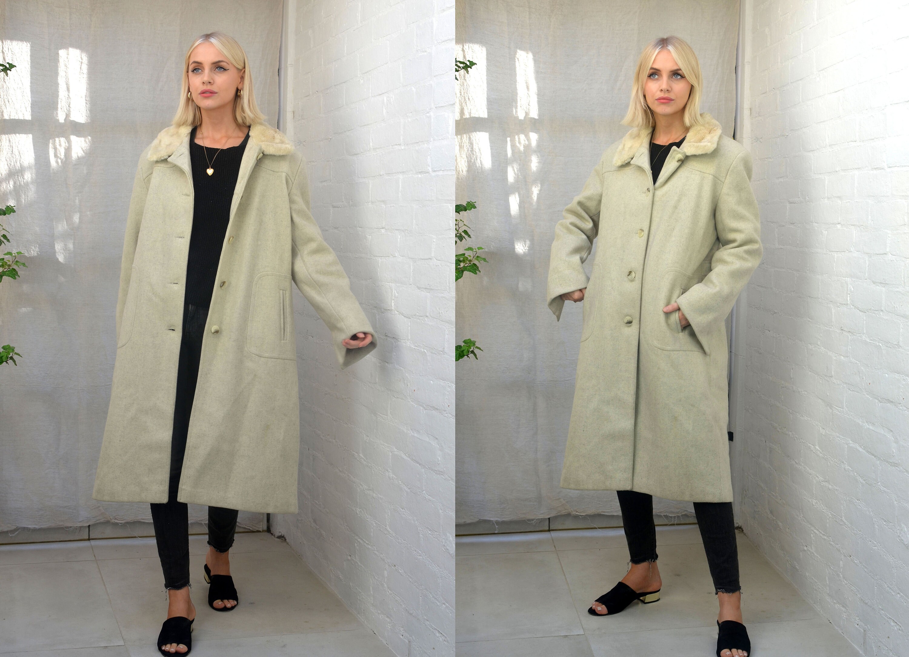 Image of Vintage S Long White Wool Coat & Faux Fur Collar