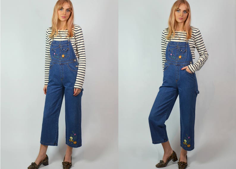 Vintage 90s Petite Indigo Blue Denim Cropped Flare Embroidered Dungarees