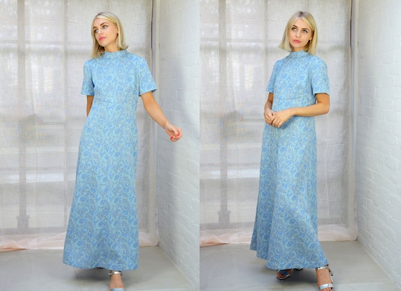 Vintage 1970s Pastel Blue Metallic Boho Maxi Dress