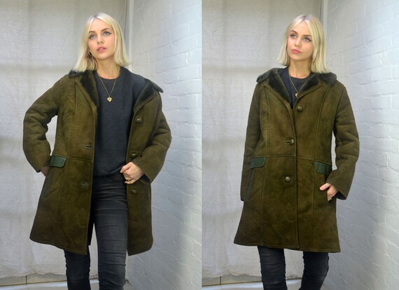 Vintage 70s Dark Brown Green Sheepskin / Shearling