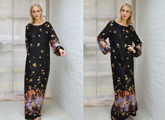 Vintage 70s Black Floral Boho Maxi Dress Puff Slee