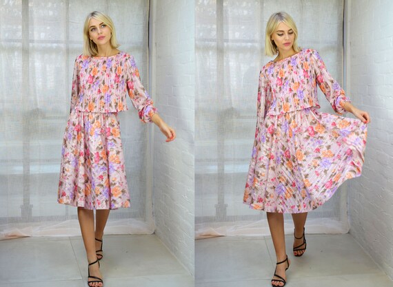 Vintage 70s Pink Floral Pleated Midi Dress