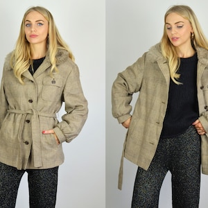 Vintage Brown Tweed Belted Blazer Shooting Jacket w/ Faux Fur Collar