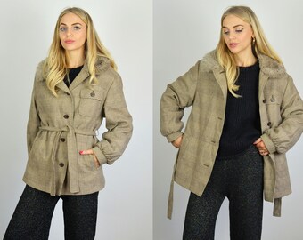 Vintage Brown Tweed Belted Blazer Shooting Jacket w/ Faux Fur Collar