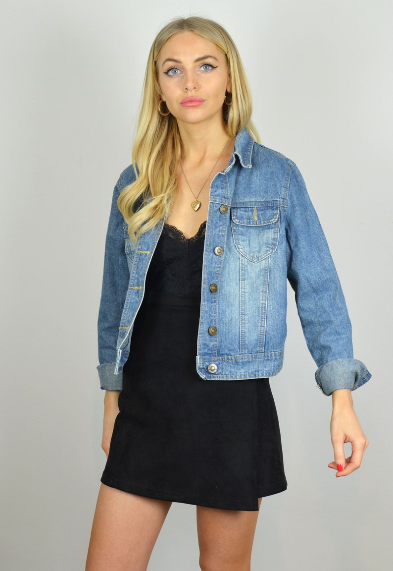 Petite Vintage 90s Mid Blue Crop Denim Jacket