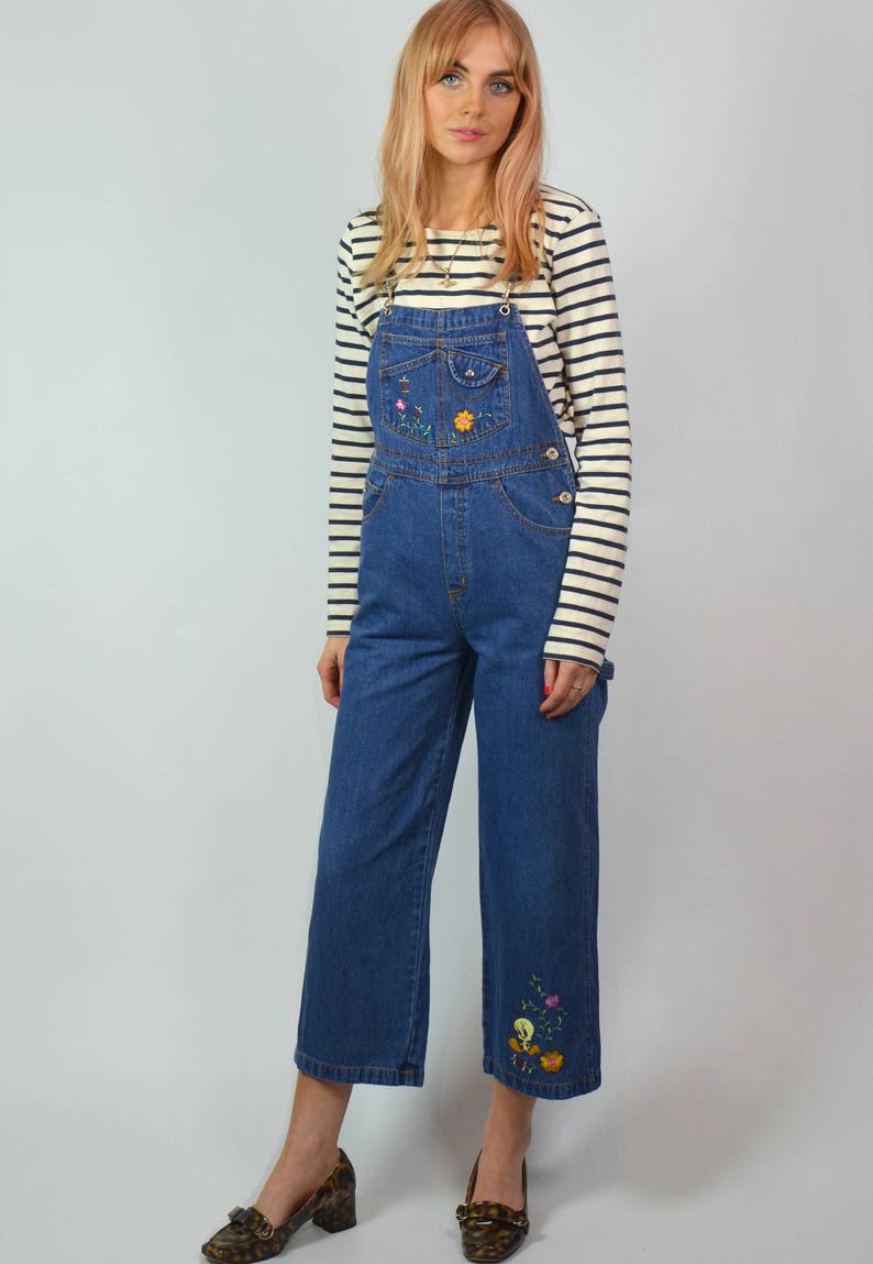 Vintage 90s Petite Indigo Blue Denim Cropped Flare Embroidered Dungarees