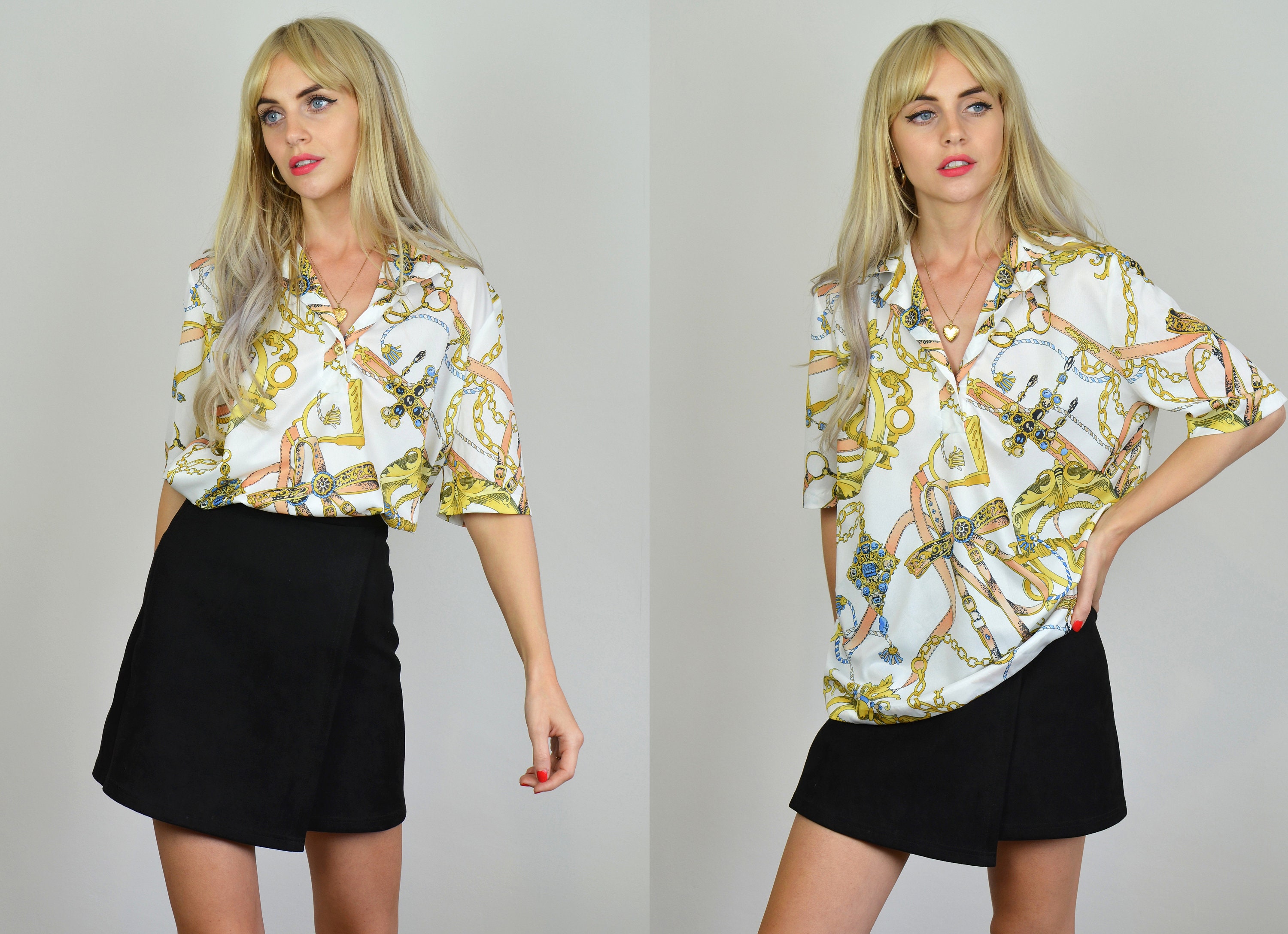 Image of Vintage S White Chain Print Short Sleeve Polo Shirt