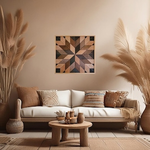Barn Quilt Pattern Wood Sign – Handcrafted Wall Art with Multi-Color Stained Design – Rustic Farmhouse Decor