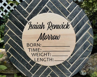 Custom Baby Name Sign – Birth Stats, Geometric Wood Art