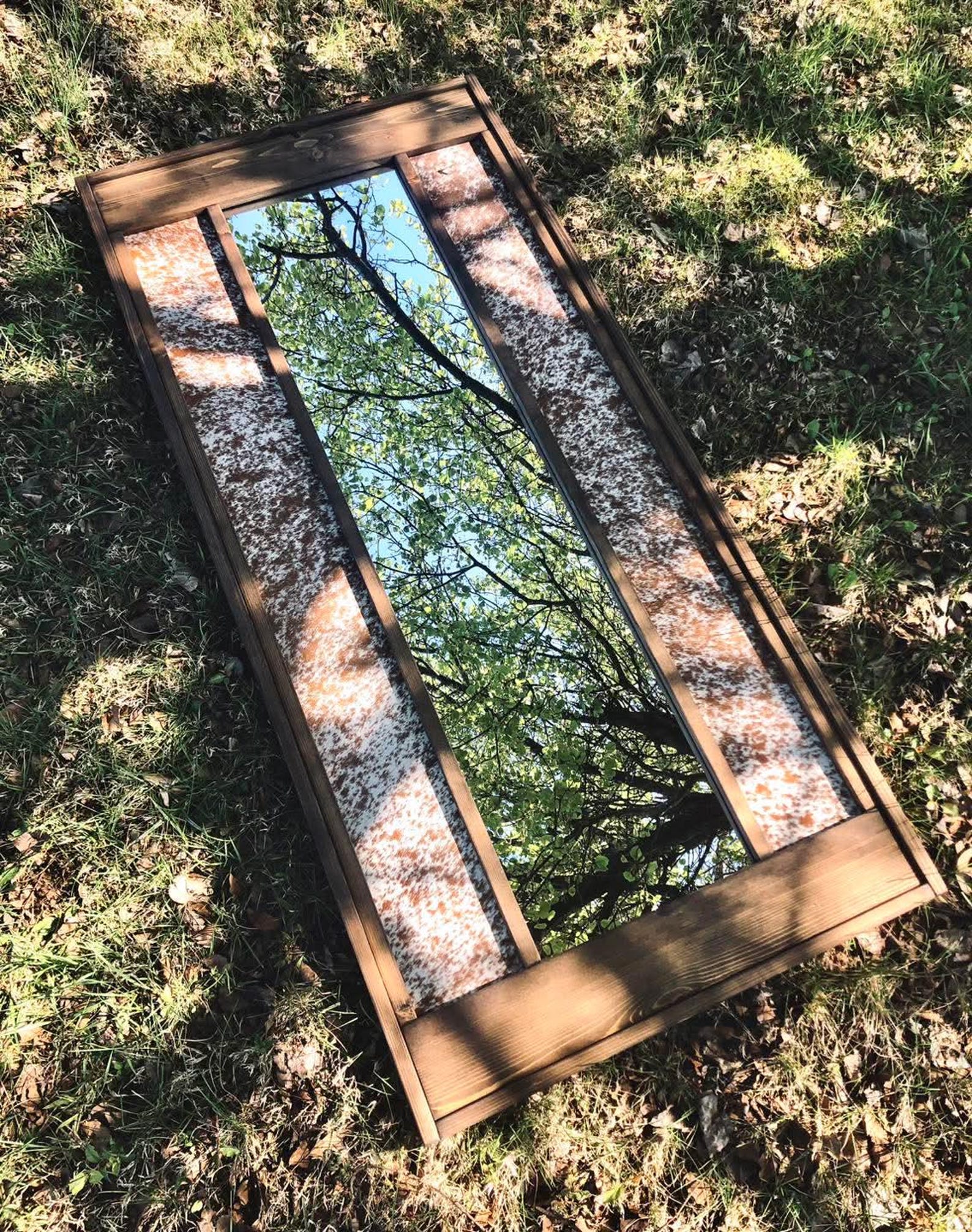 Full Length Hanging Hide Mirror, Cow Hide Mirror, Western Style Full Length Mirror - Natural, Brown and White