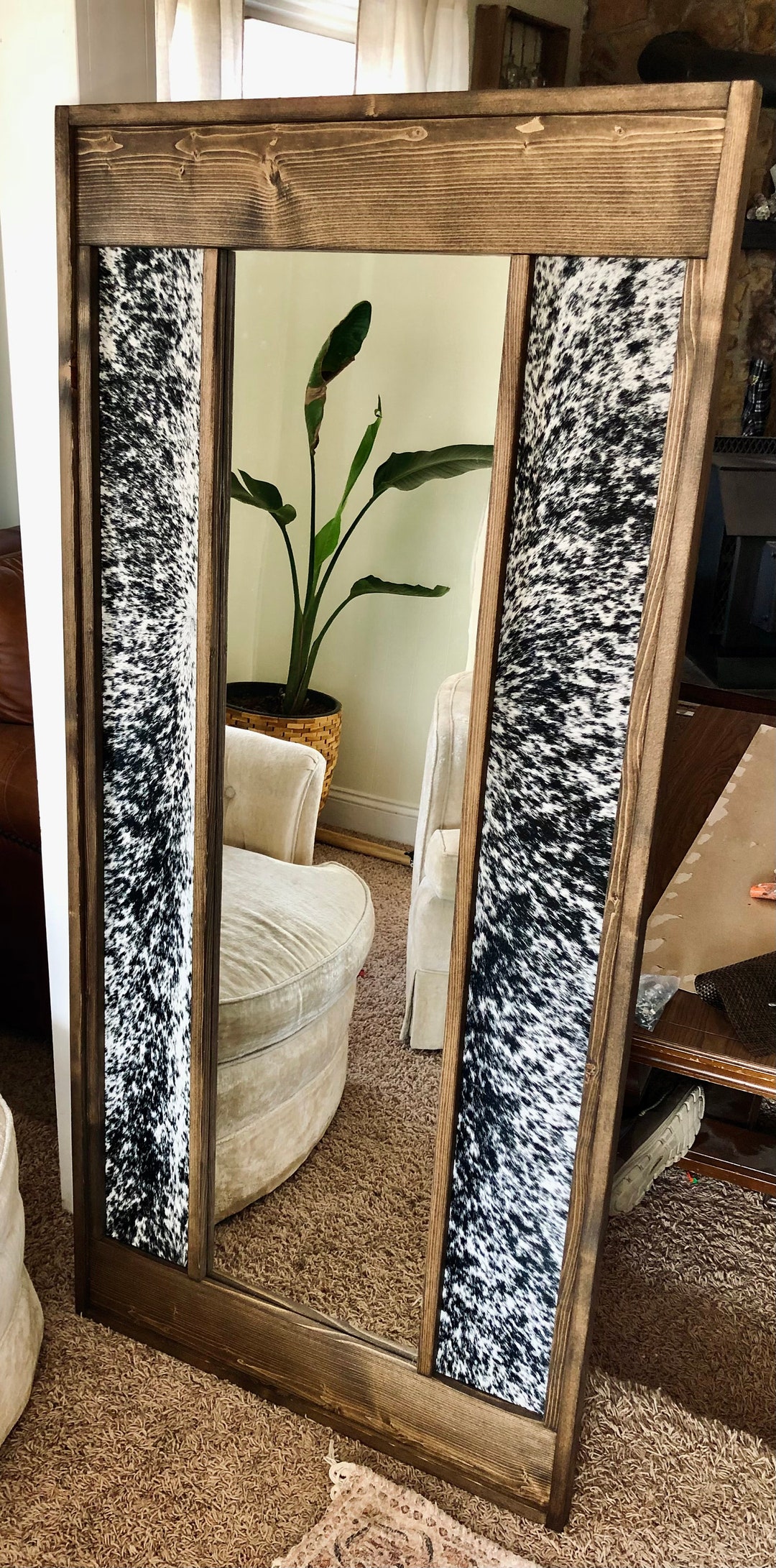 Full Length Hanging Hide Mirror, Cow Hide Mirror, Western Style Full