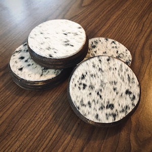 Cowhide Coaster Set, Set of 4 Wooden Coasters with Cowhide, Western Coaster Set