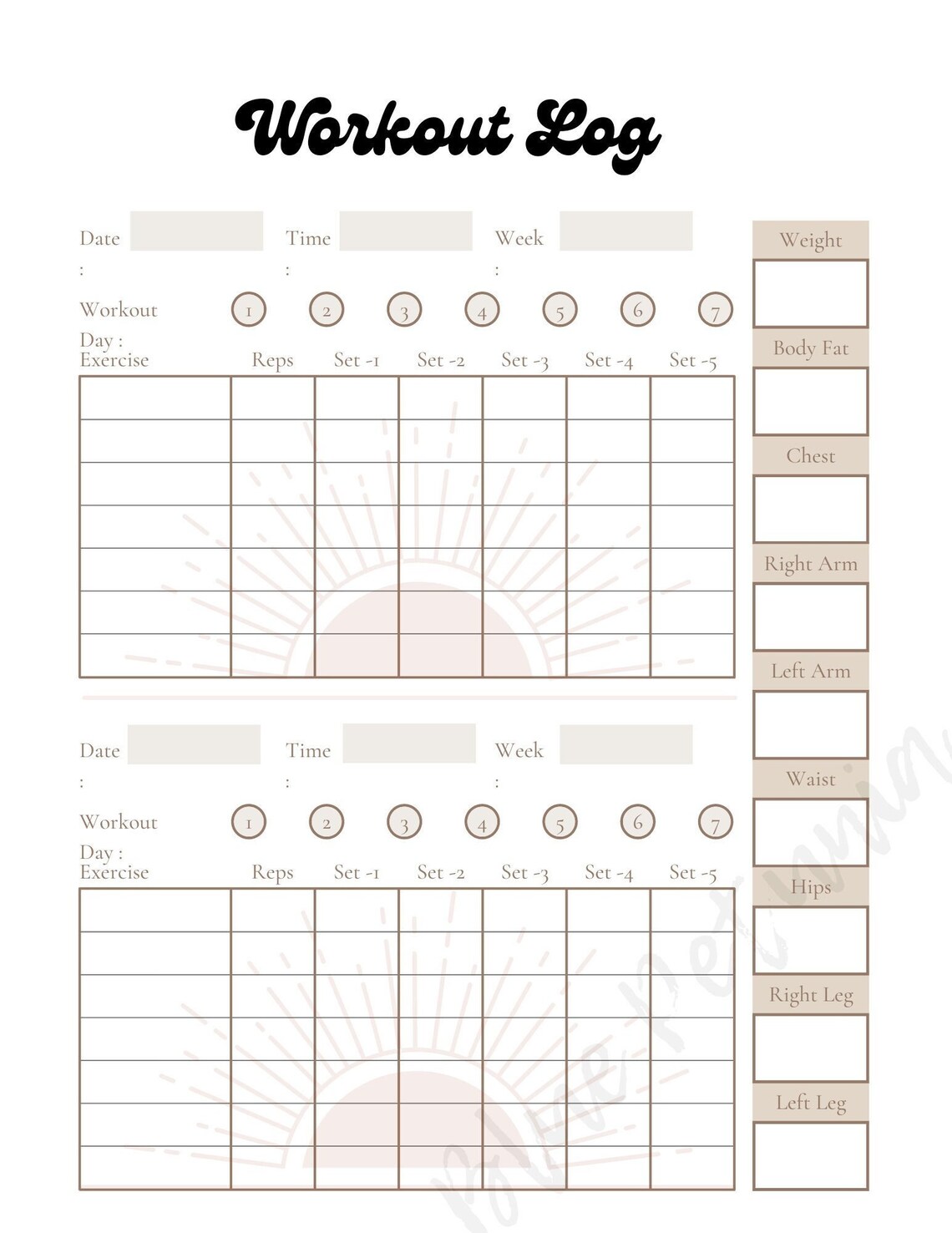 Boho Weekly Workout Log Page Printable 8.5x11 - Etsy