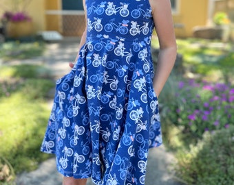 Twirl Kleid | Boho Kleid | Jersey Baumwolle | Schulter binden | Mädchen Sommerkleid | Tasche Kleid | Tellerrock | Blumen
