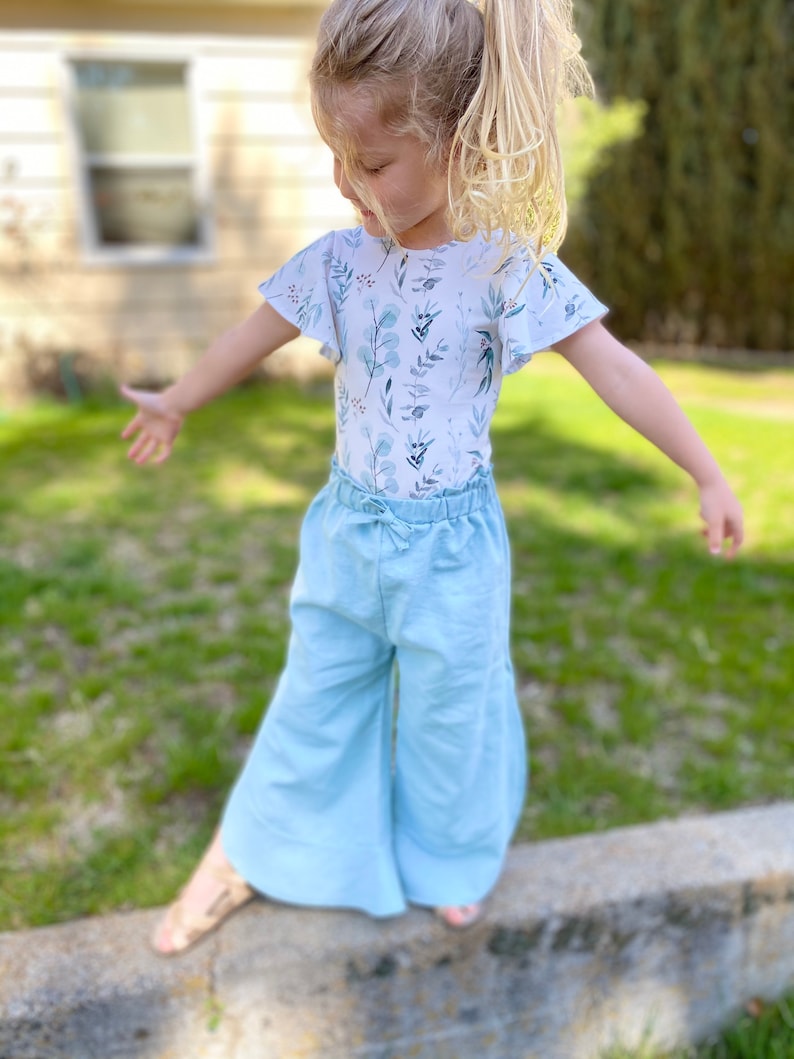 girls leotard boho pants spring bodysuit boho style pants and shirt set flutter sleeve floral eucalyptus Summer pants