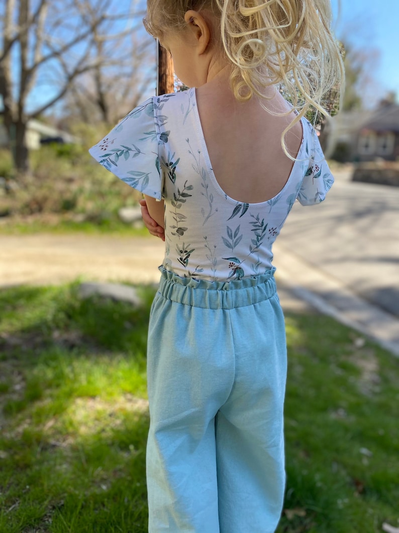 girls leotard boho pants spring bodysuit boho style pants and shirt set flutter sleeve floral eucalyptus Summer pants
