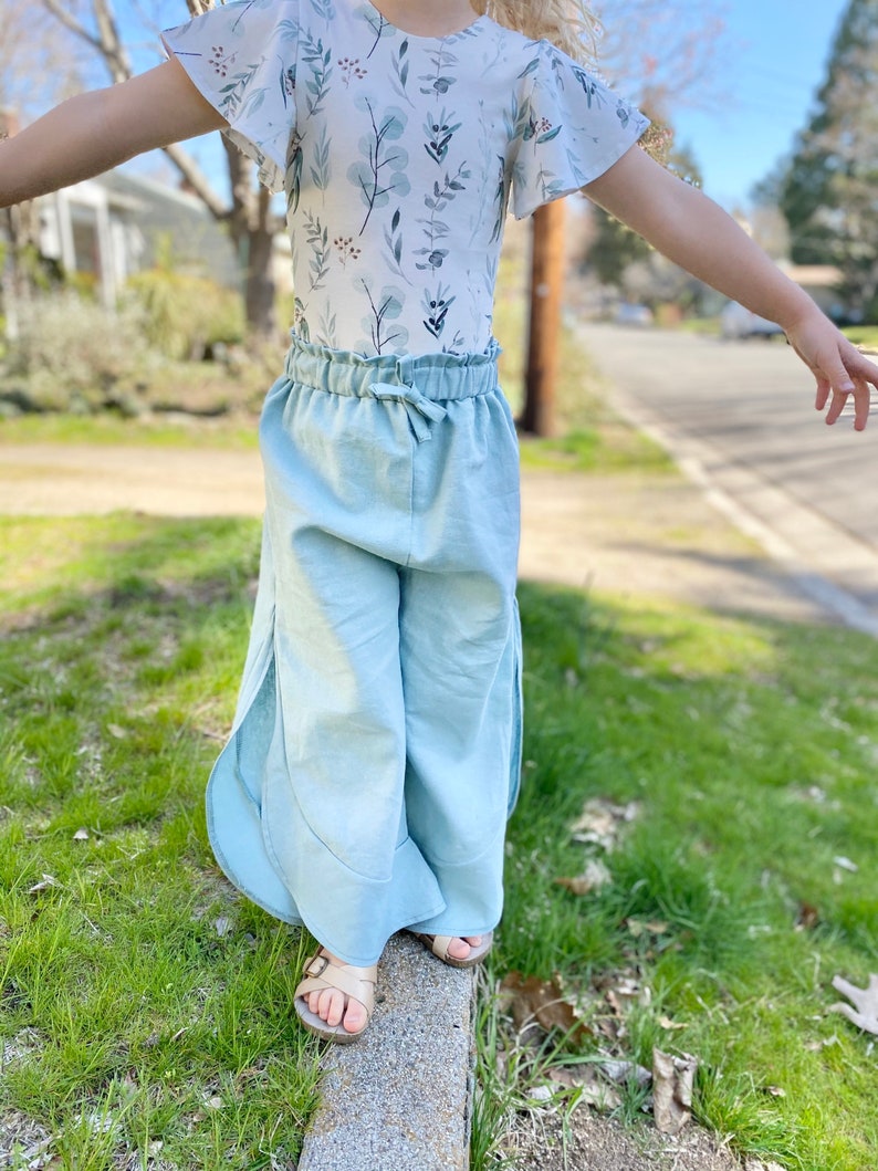 girls leotard boho pants spring bodysuit boho style pants and shirt set flutter sleeve floral eucalyptus Summer pants