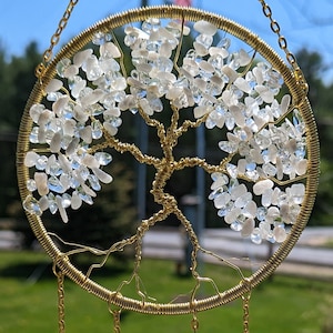 Moonstone Crystal June Birthstone Tree of Life Sun Catcher- Gemini, Cancer, Handmade, Light Catcher, Window Ornament
