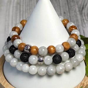 Moonstone Bracelet – June Birthstone, Lava Stone & Cedar Wood