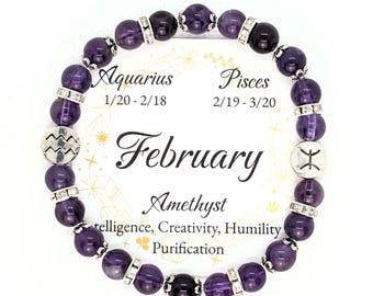 February Birthstone Bracelet, Amethyst Crystal with Aquarius/Pisces Zodiac Charms