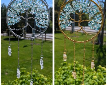 Blue Quartz Tree of Life Sun Catcher Gift Set: December Birthstone Car Charm, Keychain & Zodiac Bracelets
