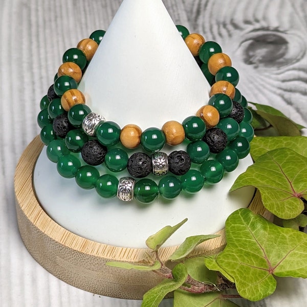 May Birthstone Bracelet- Gemini/ Taurus, *Emerald*, Green Agate, Lava Stone, Cedar Wood, Elastic Healing Stone/Crystal Bracelets Jewelry