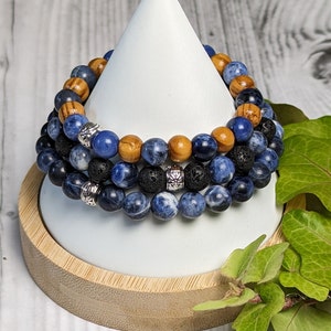 September Birthstone Bracelet- Libra/ Virgo, *Sapphire*, Tanzanite, Lava Stone, Cedar Wood, Elastic Healing Stone/Crystal Bracelets Jewelry