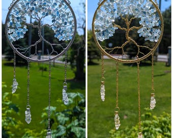 Aquamarine Tree of Life Sun Catcher Gift Set: March Birthstone Car Charm, Keychain & Zodiac Bracelets