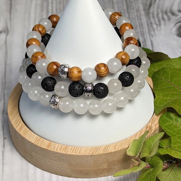 April Birthstone Bracelet- Aries/ Taurus, *Diamond*, Clear Quartz, Lava Stone, Cedar Wood, Elastic Healing Stone/Crystal Bracelets Jewelry