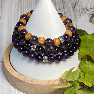 February Birthstone Bracelet- Aquarius/ Pisces, Amethyst, Lava Stone, Cedar Wood, Elastic Healing Stone/Crystal Bracelets Jewelry