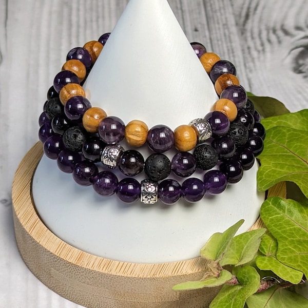 February Birthstone Bracelet- Aquarius/ Pisces, Amethyst, Lava Stone, Cedar Wood, Elastic Healing Stone/Crystal Bracelets Jewelry