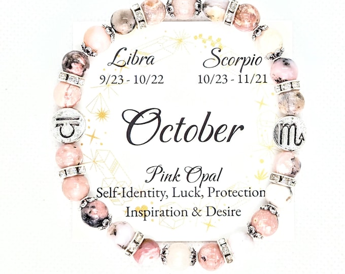 October Birthstone Bracelet, Pink Opal Crystal with Libra/Scorpio Zodiac Charms
