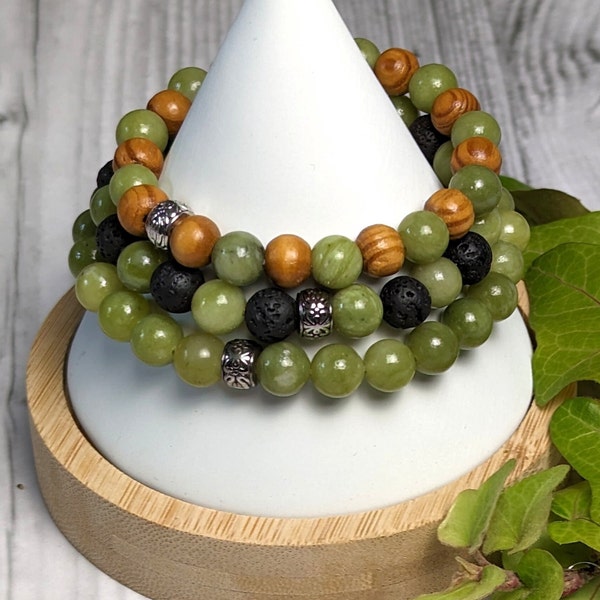 August Birthstone Bracelet- Leo/ Virgo, Peridot, Lava Stone, Cedar Wood, Elastic Healing Stone/Crystal Bracelets Jewelry