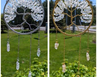 Clear Quartz Tree of Life Sun Catcher Gift Set: April Birthstone Car Charm, Keychain & Zodiac Bracelets