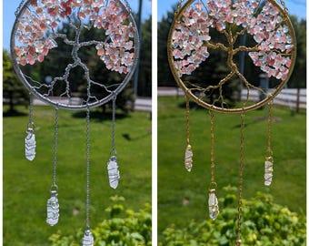 Strawberry Quartz Tree of Life Sun Catcher Gift Set: July Birthstone Car Charm, Keychain & Zodiac Bracelets