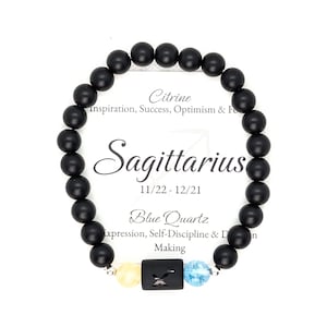 Sagittarius Zodiac Bracelet, Matte Black Onyx, Citrine & Blue Quartz Birthstones