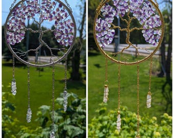 Amethyst Tree of Life Sun Catcher Gift Set: February Birthstone Car Charm, Keychain & Zodiac Bracelets