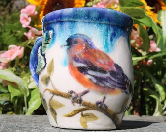 Hand-Painted Chaffinch Mug: Sculpted Leaves, Drippy Blue Glaze