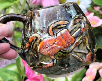 Hand made cockroach crustacean mug with drippy brown and orange glaze, cockroach mug, crustacean mug, crab mug, sea creature mug, unique mug