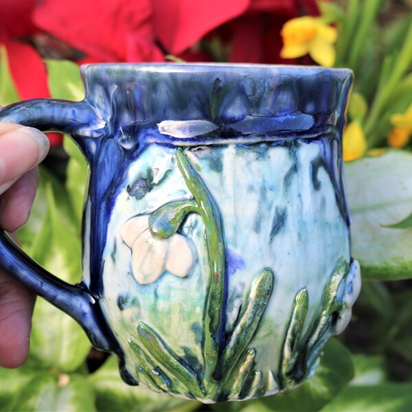 Hand made snowdrop mug with sculpted flowers, flower mug, snowdrop mug, snowdrop present, snowdrop gift, present for gardener, nature gift