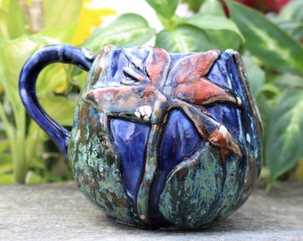 Hand made strelitzia bird of paradise flower mug with hand sculpted flowers, blue strelitzia mug, bird of paradise mug, blue flower mug, art