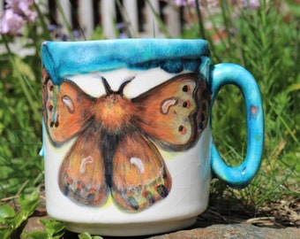 Hand painted ceramic mug with butterfly moth design, hand made mug, butterflies, moth mug, butterfly present, gift for butterfly enthusiast