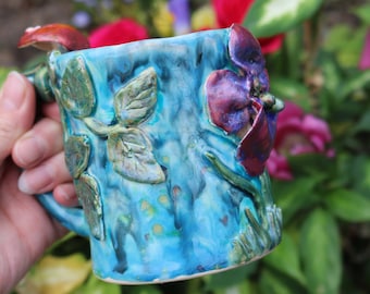 Fresh blue hand made mug with iris flower design, hand painted mug, flower mug, flower cup, iris mug, purple iris flowers, gift for gardener