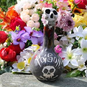 Choice of two Poison bottles with hand sculpted skull stopper and hand carved skull and crossbones, hand made poison bottle, gothic art,