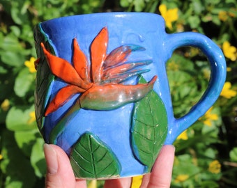 Hand made hand sculpted and hand painted bird of paradise strelitzia mug, bird of paradise mug, strelitzia mug, blue flower mug, strelitzia