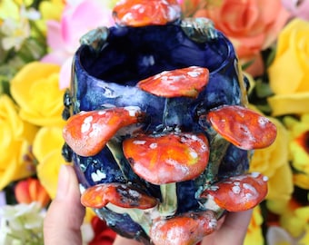Handmade Midnight Blue Mushroom Mug: Whimsical Toadstool Decor