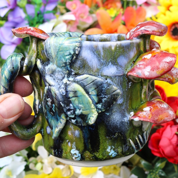 Short leafy green mushroom mug with hand sculpted toadstools, mushroom, present for forager, mycology, fungi art, toadstool mug, fantasy mug