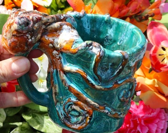 Hand sculpted blue octopus mug with tentacles wrapped round it, octopus mug, squid mug, kraken mug, tentacles mug, blue octopus mug, seaside