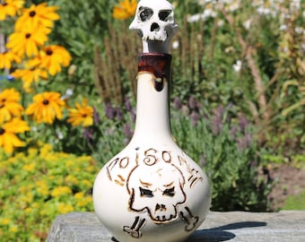 Poison bottle with hand sculpted skull stopper and hand carved skull and crossbones, hand made poison bottle, Halloween ornament, gothic art